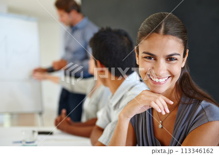 Woman, smile and portrait in office for career and professional for company or workplace. Young person with coworkers or colleagues and happy for board meeting and project management for employment Woman, smile and portrait in office for career and professional for company or workplace. Young person with coworkers or colleagues and happy for board meeting and project management for employment 113346162