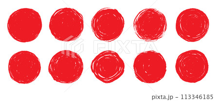 Brush red stroke circle japan sun frame. Hand drawn rough scribble texture effect red circle. Grunge crayon japanese flag stamp. Pencil, marker stroke paint. Vector Brush red stroke circle japan sun frame. Hand drawn rough scribble texture effect red circle. Grunge crayon japanese flag stamp. Pencil, marker stroke paint. Vector 113346185