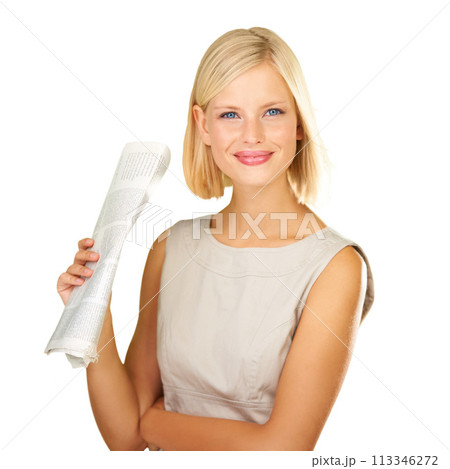 Newspaper, business and portrait of woman on a white background for reading, information and news. Paper, newsletter and isolated person with literature for knowledge, learning and article in studio Newspaper, business and portrait of woman on a white background for reading, information and news. Paper, newsletter and isolated person with literature for knowledge, learning and article in studio 113346272