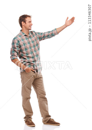Presentation, smile and man with palm for advertising, marketing or mockup space in studio isolated on a white background. Happy person, promotion and hand gesture to show information or sales offer Presentation, smile and man with palm for advertising, marketing or mockup space in studio isolated on a white background. Happy person, promotion and hand gesture to show information or sales offer 113346307