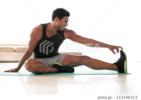 Man, leg and stretching on yoga mat or exercise flexibility with stiff muscles for athlete training, mobility or workout. Male person, foot and healthy performance or fitness strength, warm up or gym 113346313