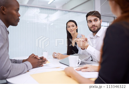 People, business or meeting as teamwork, workshop or paper in planning, question or training. Team, employee or document as collaboration, review or company communication in office project report 113346322