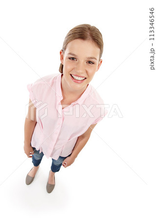 Female student, smile and happy in studio with portrait, confidence and hope for school in Canada. Girl, excited and motivation for education or study on isolated white background with mockup or pov Female student, smile and happy in studio with portrait, confidence and hope for school in Canada. Girl, excited and motivation for education or study on isolated white background with mockup or pov 113346546