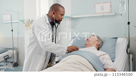 Consultation, healthcare and doctor with senior man in hospital after surgery, treatment or procedure. Discussion, checkup and African male medical worker talk to patient in clinic bed for diagnosis. Consultation, healthcare and doctor with senior man in hospital after surgery, treatment or procedure. Discussion, checkup and African male medical worker talk to patient in clinic bed for diagnosis. 113346580