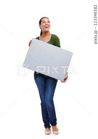 Thinking, woman and poster for advertising mockup, information or news with billboard and ideas on white background. Announcement, coming soon or join us with sign for marketing, promo and ads choice Thinking, woman and poster for advertising mockup, information or news with billboard and ideas on white background. Announcement, coming soon or join us with sign for marketing, promo and ads choice 113346582