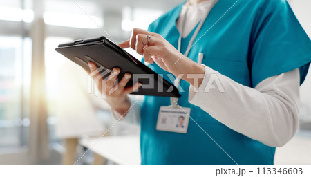 Closeup, doctor and woman with a tablet, typing and connection with internet, hospital and research. Hands, person and medical professional with technology, healthcare and online results with email Closeup, doctor and woman with a tablet, typing and connection with internet, hospital and research. Hands, person and medical professional with technology, healthcare and online results with email 113346603