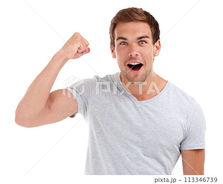 Winner, fist pump and portrait of man on a white background for winning, good news and success. Confidence, excited and face of isolated person with flex for bonus, celebration and surprise in studio Winner, fist pump and portrait of man on a white background for winning, good news and success. Confidence, excited and face of isolated person with flex for bonus, celebration and surprise in studio 113346739