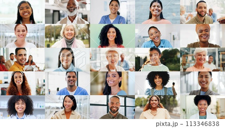 People, diversity and collage with smile, happiness and laugh in city, unity and society. Montage, portrait faces and proud world community members with different backgrounds, multiracial and culture 113346838