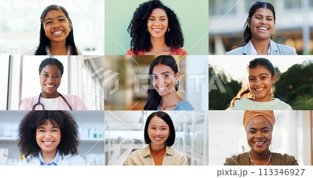 Women, smile and happy with diversity in mosaic for support of community, culture and expression. Female, model and multiethnic in collection of career for decision of education, medical or business Women, smile and happy with diversity in mosaic for support of community, culture and expression. Female, model and multiethnic in collection of career for decision of education, medical or business 113346927