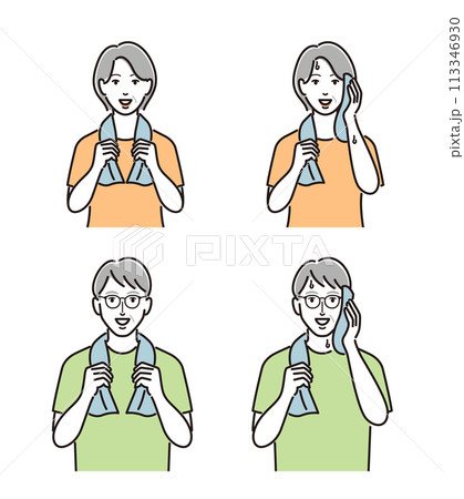 タオルを首にかける高齢の男女 113346930