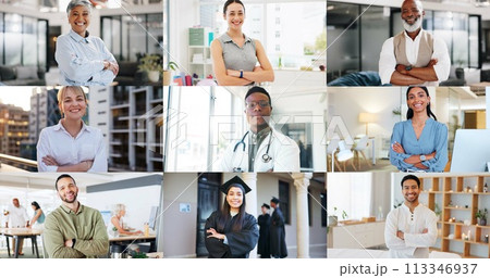 Crossed arms, collage and portrait of people for career, graduation and professional success. Diversity, montage and men and women in city, office and university for business, achievement and pride 113346937