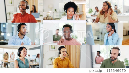 Call center, collage and people in office for customer service, consulting and telemarketing company. Communication, diversity and men and woman talking for advice, help and CRM support on mosaic Call center, collage and people in office for customer service, consulting and telemarketing company. Communication, diversity and men and woman talking for advice, help and CRM support on mosaic 113346970