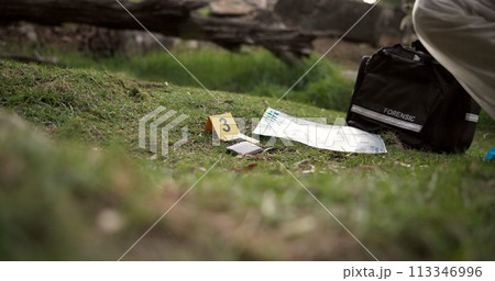 Csi, photographer and evidence at crime scene for investigation in forest with wallet or safety hazmat..Forensic photography, expert investigator and pictures for observation or case research outdoor 113346996