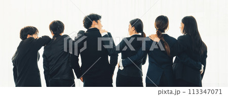 Panoramic banner back view of office worker team standing in line. Shrewd 113347071