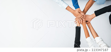 Group of diverse office worker join hand together in office. Prudent Group of diverse office worker join hand together in office. Prudent 113347187