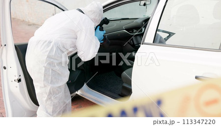 Forensic, investigation and photographer for evidence in crime scene car for accident, burglary and research analysis. Science, csi and photography with rear view in transport vehicle for observation Forensic, investigation and photographer for evidence in crime scene car for accident, burglary and research analysis. Science, csi and photography with rear view in transport vehicle for observation 113347220