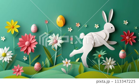 A white rabbit hops among flowers and eggs in...のイラスト素材 [113347225] - PIXTA