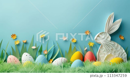 A paper cut bunny surrounded by flowers, eggs, and grass in a natural landscape AIG42E 113347259