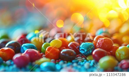A close up view of various colourful sweet like candy, sugar, and jelly. AIGX01. 113347286