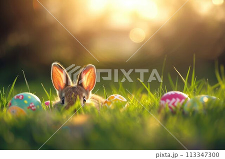 Rabbit among Easter eggs in natural grassland setting AIG42E 113347300