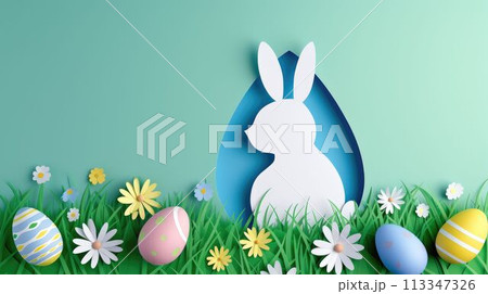A paper cut bunny surrounded by flowers, eggs, and grass in a natural landscape AIG42E 113347326