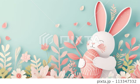 Rabbit holding egg and flower in creative arts display at Easter event AIG42E 113347332