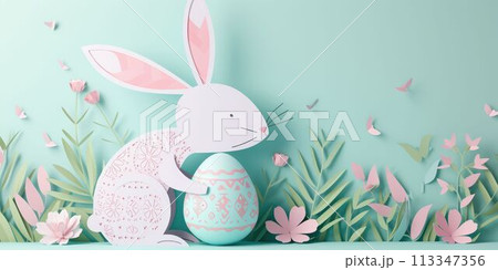 Rabbit holding egg and flower in creative arts display at Easter event AIG42E 113347356