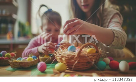 Family cherishes fun creating easter art while sharing kitchen time with toddler AIG42E Family cherishes fun creating easter art while sharing kitchen time with toddler AIG42E 113347358