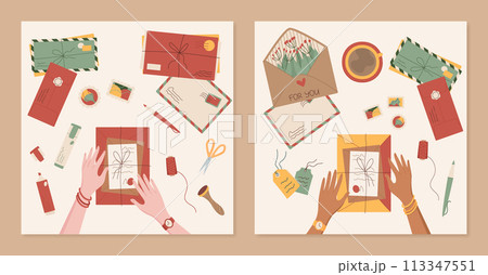 Creative handmade postcard illustration, cartoon style hands send craft envelope with handwritten letter, flat character receive mail and package at the table, trendy greeting postcard design. Creative handmade postcard illustration, cartoon style hands send craft envelope with handwritten letter, flat character receive mail and package at the table, trendy greeting postcard design. 113347551