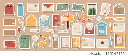 Flat style postal office sticker pack set, postcard and mailbox patch design, cartoon handwritten letter and open envelope badge template, creative paper post card and trendy craft stamp illustration 113347553