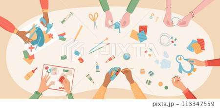 Flat handicraft DIY hobby activity background, top view children creative workshop concept, handmade origami and scrapbooking art group collection, cartoon hands make craftwork hobby illustration, Flat handicraft DIY hobby activity background, top view children creative workshop concept, handmade origami and scrapbooking art group collection, cartoon hands make craftwork hobby illustration, 113347559