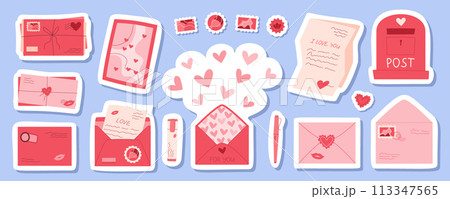 Romantic handmade mail and envelope sticker pack, modern love post card and letter design with heart and kiss, trendy cute mailbox element, flat craft stamps collection, cartoon postcard and pens 113347565