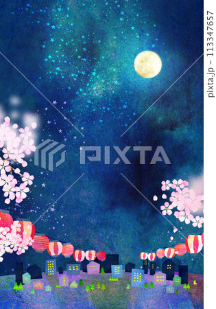 月夜の夜桜の背景素材　コラージュ素材 113347657