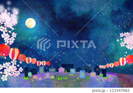 月夜の夜桜の背景素材 コラージュ素材 月夜の夜桜の背景素材 コラージュ素材 113347662