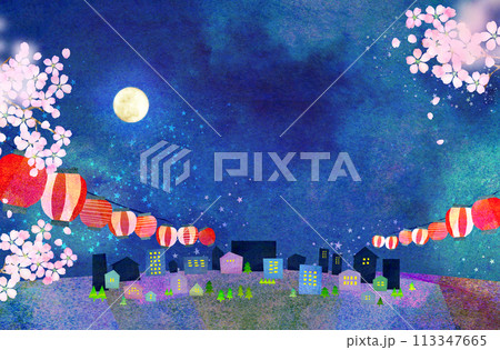 月夜の夜桜の背景素材 コラージュ素材 月夜の夜桜の背景素材 コラージュ素材 113347665