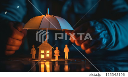 A man hands gently hold a paper cutout in the shape of a family, symbolizing parents and children. The concept of family insurance. Generative AI. A man hands gently hold a paper cutout in the shape of a family, symbolizing parents and children. The concept of family insurance. Generative AI. 113348196