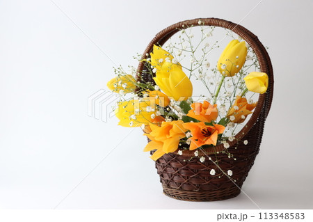 カゴに入った鮮やかな黄色ととオレンジ色のチューリップの花 113348583
