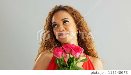 Happy woman, roses and valentines day with flowers for love, care or romance on a gray studio background. Portrait of female person with smile, bouquet and plant for romantic gift on mockup space Happy woman, roses and valentines day with flowers for love, care or romance on a gray studio background. Portrait of female person with smile, bouquet and plant for romantic gift on mockup space 113348678