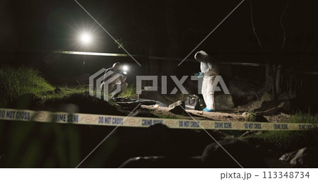 Forensic team, photographer and crime scene at night for investigation or observation with hazmat or police tape. Collaboration, expert investigator or outdoor in forest for evidence or case research 113348734