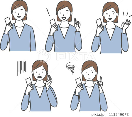 スマートフォンを操作する色々な表情の女性のセット スマートフォンを操作する色々な表情の女性のセット 113349078