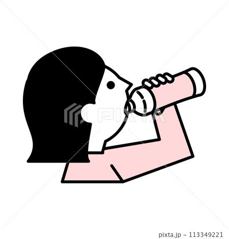 ペットボトルからドリンクを飲む女性のイラスト 113349221