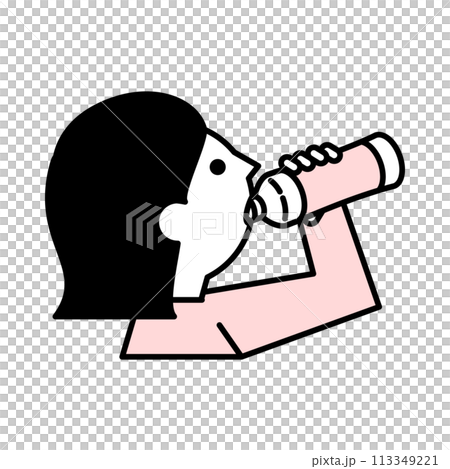 ペットボトルからドリンクを飲む女性のイラスト 113349221