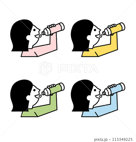 口をつけずにペットボトルから飲む女性のイラスト 4パターン 口をつけずにペットボトルから飲む女性のイラスト 4パターン 113349225