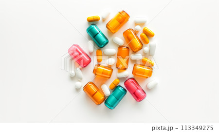 Multi-colored bright tablets on a white background. 113349275
