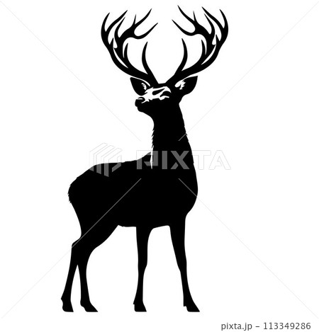 simple silhouette of a deer facing left with large antlers. simple silhouette of a deer facing left with large antlers. 113349286