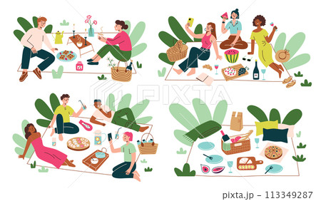 Picnic scenes with people. Friends spend time outdoors, eating food, drinking. Flat cartoon picnic baskets, meals set. Vector illustration of family having lunch in park. Romantic date in nature Picnic scenes with people. Friends spend time outdoors, eating food, drinking. Flat cartoon picnic baskets, meals set. Vector illustration of family having lunch in park. Romantic date in nature 113349287