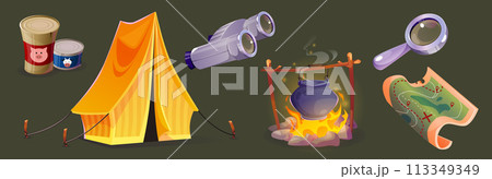 Camping tourist equipment for outdoor adventure. 113349349