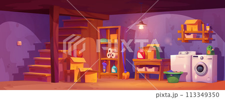 Basement room interior with laundry equipment. 113349350