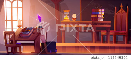 Magic school room with book cartoon background 113349392