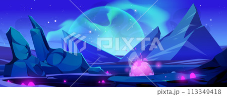 Night alien planet landscape space game background 113349418
